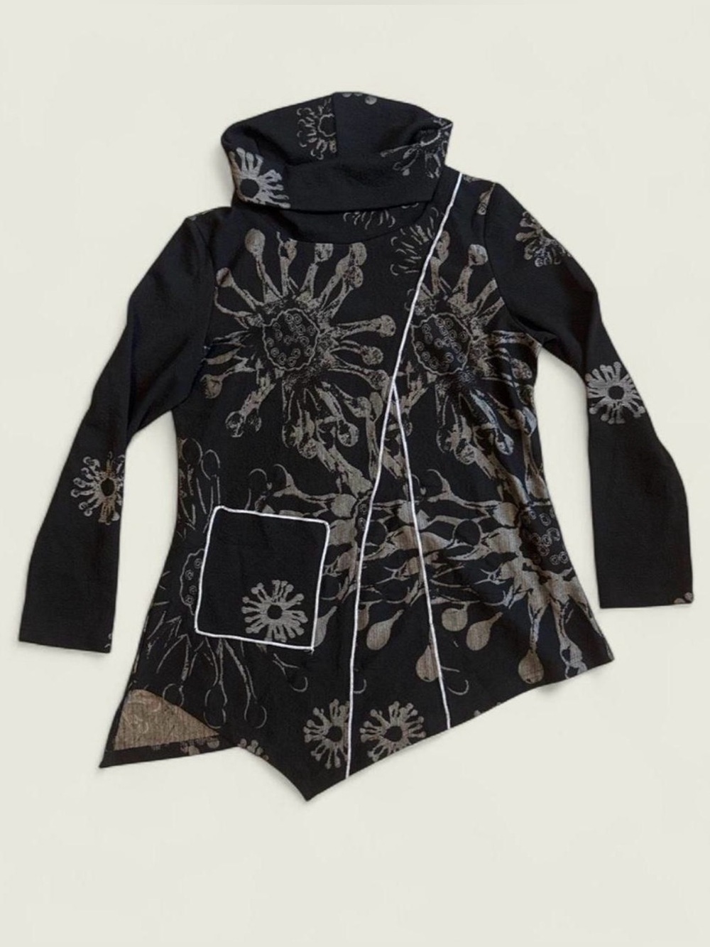 Black Floral Asymmetric Turtleneck Sweater